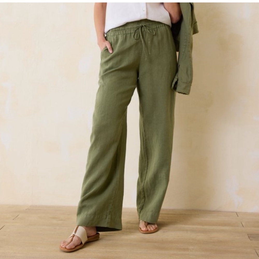 Tommy Bahama Women’s 100% linen Casual Olive Green Drawstring wide leg Pants LG